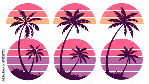Tropical retro sunset palm trees silhouette vector graphic design set. Summer beach vacation travel round frames.