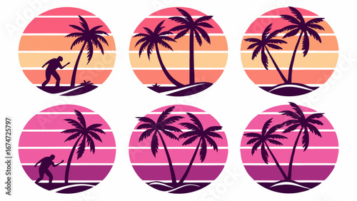 Retro sunset tropical palm trees silhouette circle vector graphic design Summer beach vacation island travel holiday illustration set