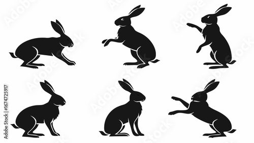 Black Rabbit Silhouettes Set. Various Bunny Poses Isolated. Hare Collection Vector Icons for Animal Design.