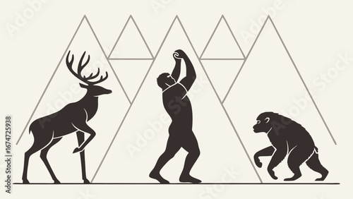 Deer, Primitive Man, Monkey Silhouettes with Mountains. Evolution, Nature, Wildlife, Human History Concept.