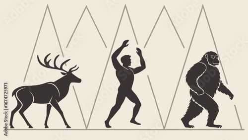 Evolution of species concept. Deer, human, and gorilla. Biology, nature, and human development. Life progress.