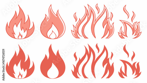 Red fire flames icons set. Hot burning heat graphic elements. Collection of energy and danger symbols. Fire logo design.