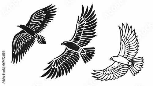 Flying eagles set. Majestic birds of prey in flight with powerful wings. Symbol of freedom, strength, and power. Wild animal vector art.