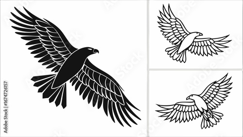 Black flying eagle with spread wings. Majestic bird of prey in flight. Nature wildlife freedom power symbol vector icon.