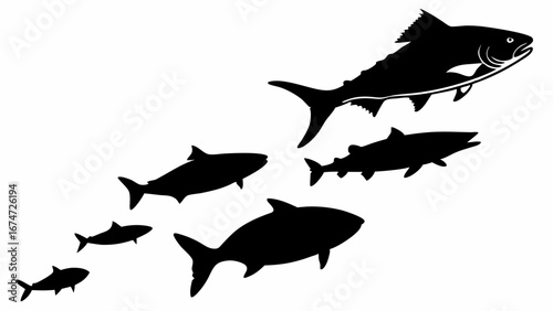 Fish leadership concept. Large fish leading small fish. Teamwork, growth, progress, success, ambition, future, development, evolution.