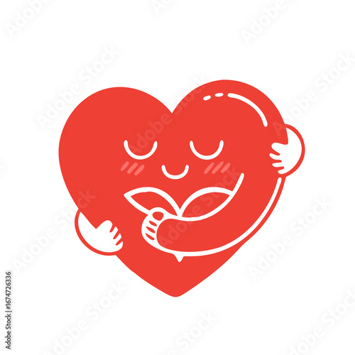 Cute red heart hugging itself – self love, kindness, care, mental health vector illustration, Vector logo design template and graphic element for advertising, branding, heart shape and love 