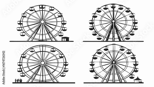 Four Ferris wheels set. Amusement park carnival rides collection. Fun fair entertainment attractions vector illustration.