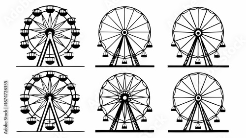 Six different Ferris wheel illustrations. Amusement park carnival rides vector set. Fun fair attraction icons.