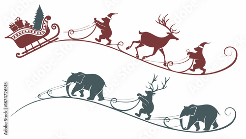 Christmas animals pulling sleigh with Santa bears reindeer and elephants. Festive holiday winter season teamwork vector silhouette.