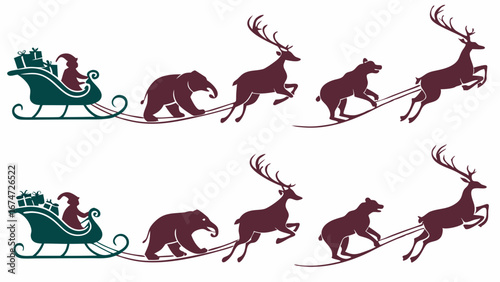 Santa Claus in sleigh pulled by reindeer and bear. Festive Christmas holiday winter vector silhouette illustration.