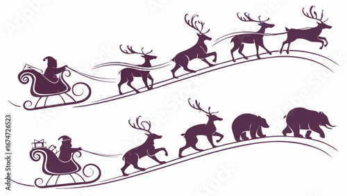 Santa Claus sleigh with reindeer and bears delivering gifts. Christmas winter holiday season. Festive silhouette illustration.