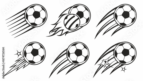 Soccer Ball Motion Speed Vector Set. Football Game Action Sport Icons Collection. Black and White Illustration.