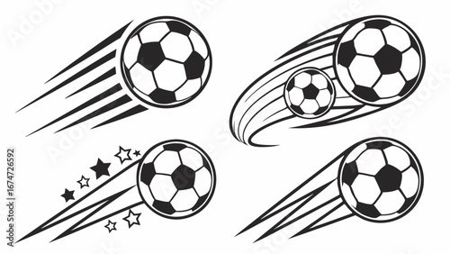 Flying soccer balls in motion, dynamic football game elements, speed and sport graphic design set, black and white vector.