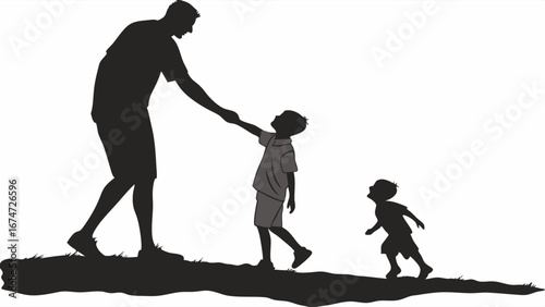 Father walking with two children holding hands. Family silhouette, dad, kids, parenthood, love, care, togetherness, outdoors.