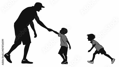 Father and two young boys walking together, one holding his hand. Family, childhood, parenting, outdoor fun.