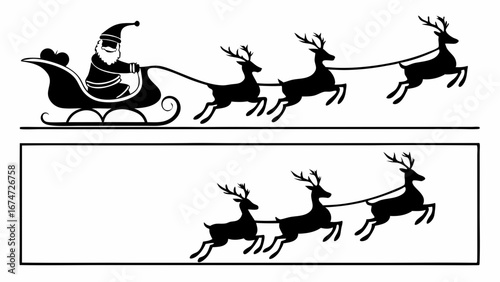 Santa Claus riding in sleigh pulled by flying reindeer silhouette. Christmas holiday season black and white vector graphic.