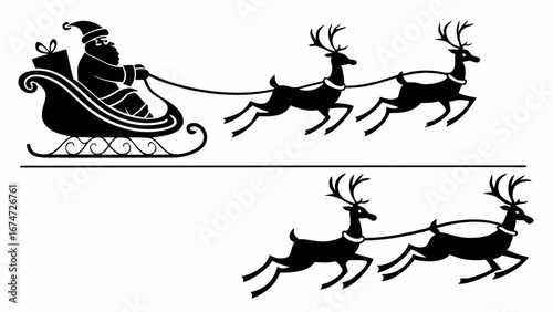 Santa Claus and reindeer sleigh silhouette. Christmas holiday winter festive vector illustration graphic design element isolated.