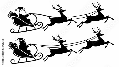 Santa Claus and his reindeer flying sleigh silhouette. Christmas holiday winter season festive magic vector graphic element.