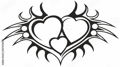 Stylized tribal hearts vector art. Black and white tattoo design for love, romance, and family relationships.