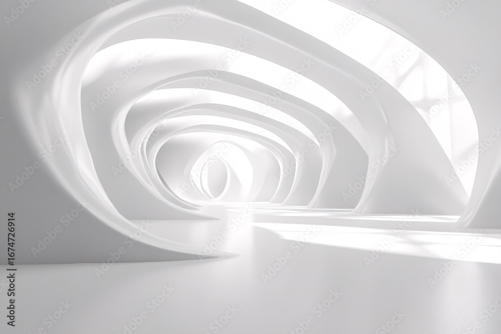 Fototapeta premium Abstract white architectural structure with curved lines and bright light.