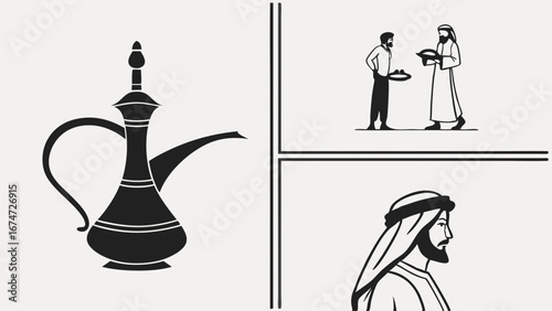 Arabic culture, hospitality, and tradition. Middle East Arab men, Dallah coffee pot. Vector illustration, black and white.
