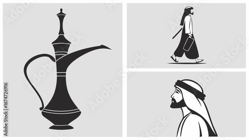Middle Eastern culture and business vector icons. Traditional Arab man, Dallah coffee pot, Arabic heritage.