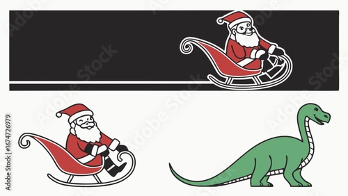 Santa Claus riding sleigh and cute green dinosaur cartoon illustration. Christmas holiday winter season design elements for kids.