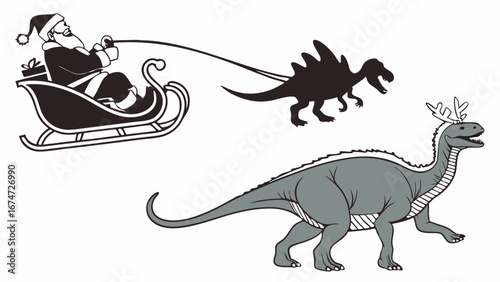 Christmas Santa Claus riding a sleigh pulled by a dinosaur. Funny festive holiday illustration with a dino and antlers.