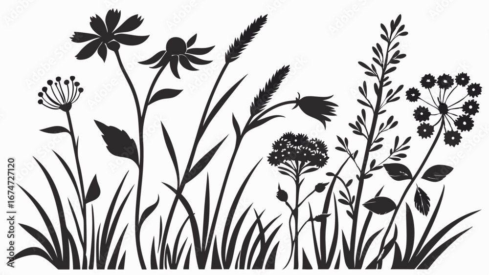 Naklejka premium Wildflowers and grass silhouettes. Black and white floral plants. Nature meadow field garden background design elements.