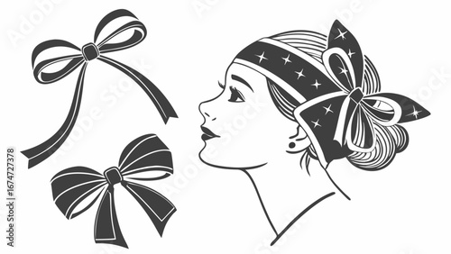 Vintage woman with hair bow and headband. Retro fashion illustration with decorative bows. Elegant female portrait.