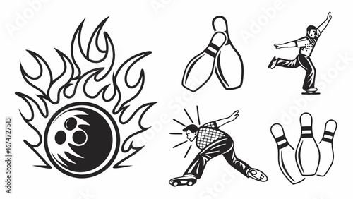 Bowling sport game vector illustration set. Black and white bowler, ball, and pins for club logo design or leisure activity.