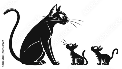 Cute black cat family with two adorable kittens. Cartoon illustration of domestic pet animals. Simple vector graphic art.