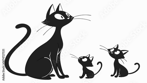 Cute black cat family with mother cat and two adorable kittens. Cartoon illustration of domestic feline pets looking up.