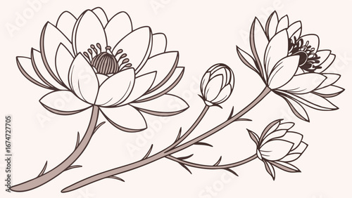 Botanical water lily illustration. Elegant hand drawn sepia floral line art with flowers and buds for vintage nature design.
