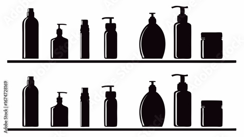 Collection of black silhouette cosmetic and beauty product bottles, jars, and dispensers on shelves. Personal care packaging.