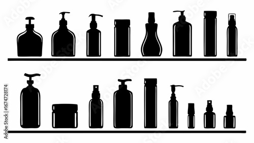 Black cosmetic bottles jars and skincare product packaging silhouettes set on shelf Beauty cream lotion shampoo dispenser