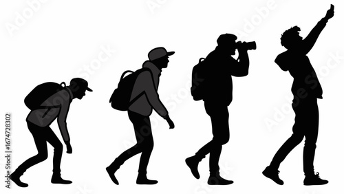Evolution of a traveler from backpacker to modern tourist taking photos and selfies with a camera and phone.