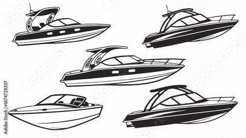 Set of modern luxury motorboats and speedboats. Collection of powerboats for summer water recreation, marine travel vector.