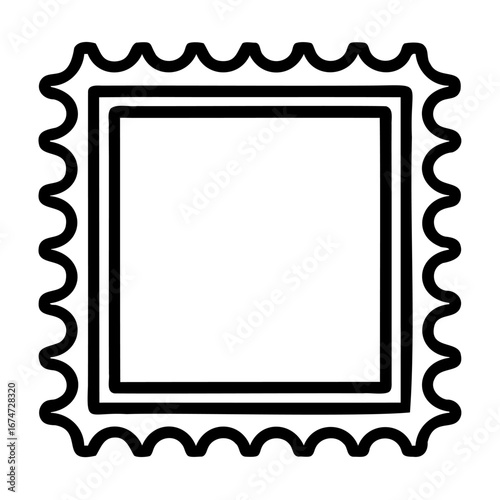 A simple black and white outline of a square postage stamp with perforated edges, isolated
