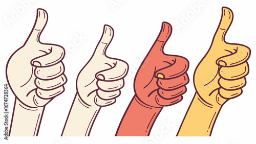 Group of diverse hands with different skin tones giving thumbs up for positive feedback, approval, and social media like concept.