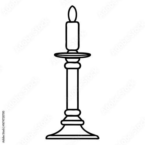 A simple line drawing of a candlestick with a flame, isolated