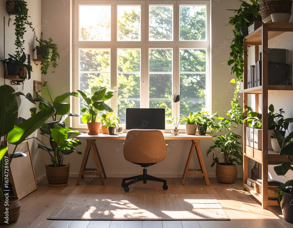 Fototapeta premium Home Office with Lush Greenery: An inviting home office bathed in natural light, adorned with an array of vibrant indoor plants creating a serene and productive atmosphere. 