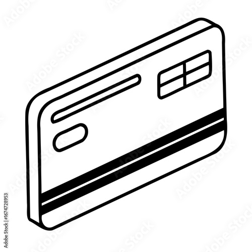 Stylized line art illustration of a credit card with a magnetic stripe and chip, isolated