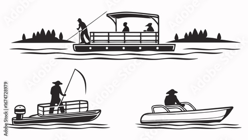 Boating and fishing vector silhouettes set. People on pontoon, fishing, and speed boats enjoying outdoor recreation on water.