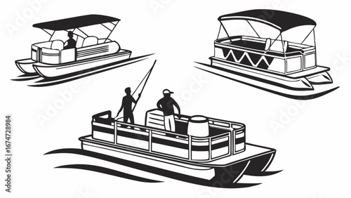 Pontoon boats for summer recreation and fishing on the water. Leisurely boating and outdoor fun. Vector illustration.