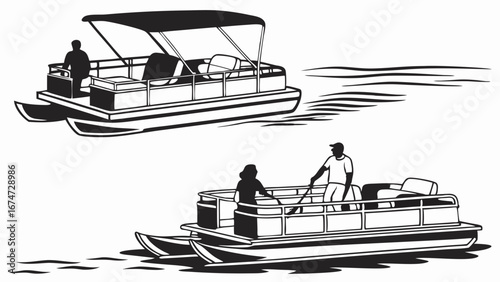 Pontoon boat with people on water illustration. Summer boating, lake recreation, outdoor leisure activity. Friends and family fun.