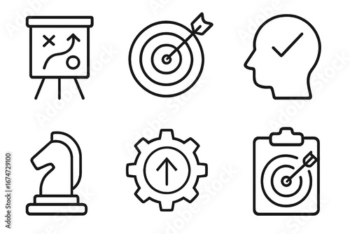 Business strategy icons featuring planning, target, and success strategy goal icons