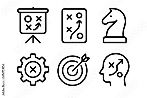 Strategy icons including chess, diagrams, and target symbols planning strategy icons