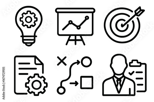 Business concept icons including light bulb, graph, and target business planning system