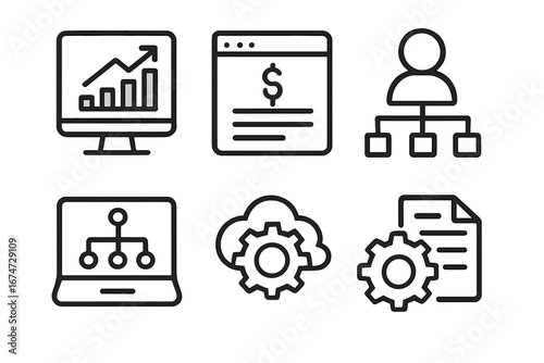 Business icons depicting analytics, finance, and workflow systems digital business system